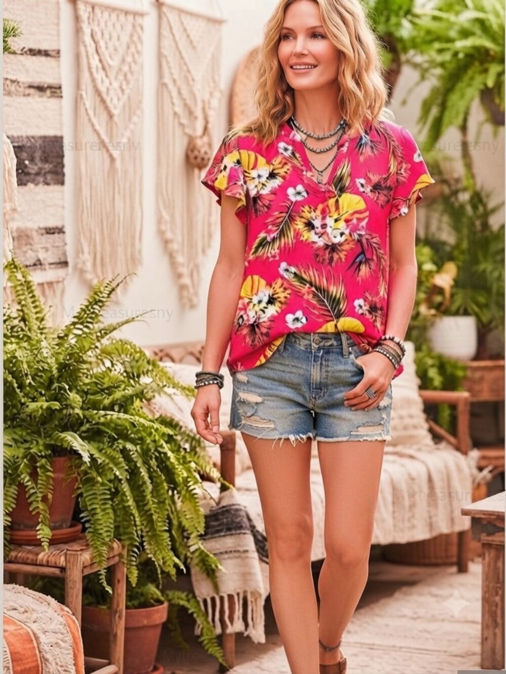 Nwt Elizabeth & Nicole Tropical Floral Rayon Blouse Pink Top Palm Print Resort